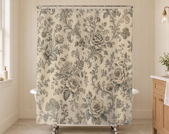 Black Toile Shower Curtain, Tan Transferware Farmhouse Bathroom Decor, Vintage Botanical Bath Curtain, Traditional Guest Bath Decor