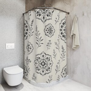 Farmhouse Shower Curtain, Black White Botanical Medallion Pattern, Vintage Country Bathroom Decor, Classic Guest Bath Style image 5