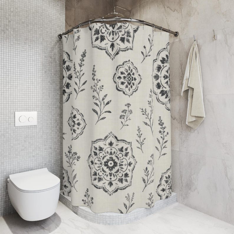 Farmhouse Shower Curtain, Black White Botanical Medallion Pattern, Vintage Country Bathroom Decor, Classic Guest Bath Style image 5