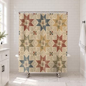 Vintage douchegordijn in boerderijstijl, Quilt Star Calico badkamerdecoratie, landelijk bloemenpatchwork badgordijn, decoratie voor gastenbadkamer in cottage-stijl