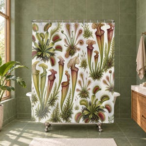 Carnivorous Plant Shower Curtain, Venus Flytrap Pitcher Plant Botanical Pattern, Green Jungle Bathroom Decor, Plant Lover Guest Bath