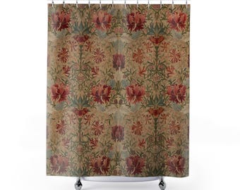 Honeysuckle Embroidery Shower Curtain Arts and Crafts Red Floral on Cream Victorian Botanical Bathroom William Morris Inspired Vintage Decor