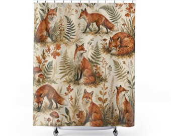 Cortina de ducha con estampado de zorros, decoración de baño con temática de bosque, estampado de acuarela de helechos y setas en color naranja óxido, decoración otoñal para el baño de invitados.