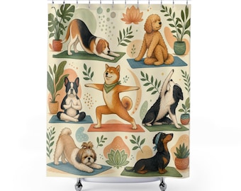 Unique Funny Dog Shower Curtain, Yoga Poses Pet Art, Cute Puppy Bathroom Decor, Sage Peach Zen Wellness Wall Guest Bath Gift For Home