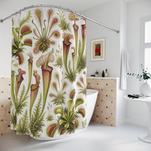 Carnivorous Plant Shower Curtain, Venus Flytrap Pitcher Plant Botanical Pattern, Green Jungle Bathroom Decor, Plant Lover Guest Bath image 4