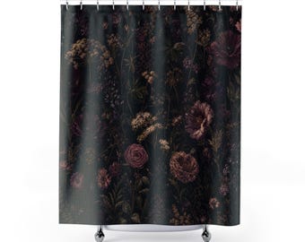 Gothic Floral Shower Curtain, Dark Wildflower Bath Decor, Black Burgundy Botanical Pattern, Antique Guest Bathroom Moody Floral Decor