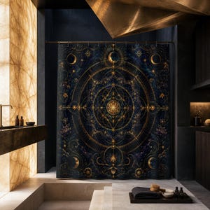 Navy gold celestial mandala shower curtain in a dramatic onyx and bronze designer bathroom