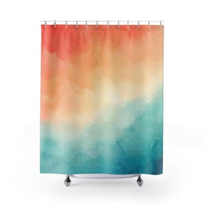 Rideau de douche dégradé coucher de soleil, décoration de bain aquarelle corail sarcelle, motif brume douce, décoration de salle de bain côtière sereine et chaude image 1