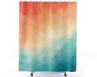 Sunset Gradient Shower Curtain, Coral Teal Watercolor Bath Decor, Soft Mist Pattern, Serene Warm Coastal Guest Bathroom Decor