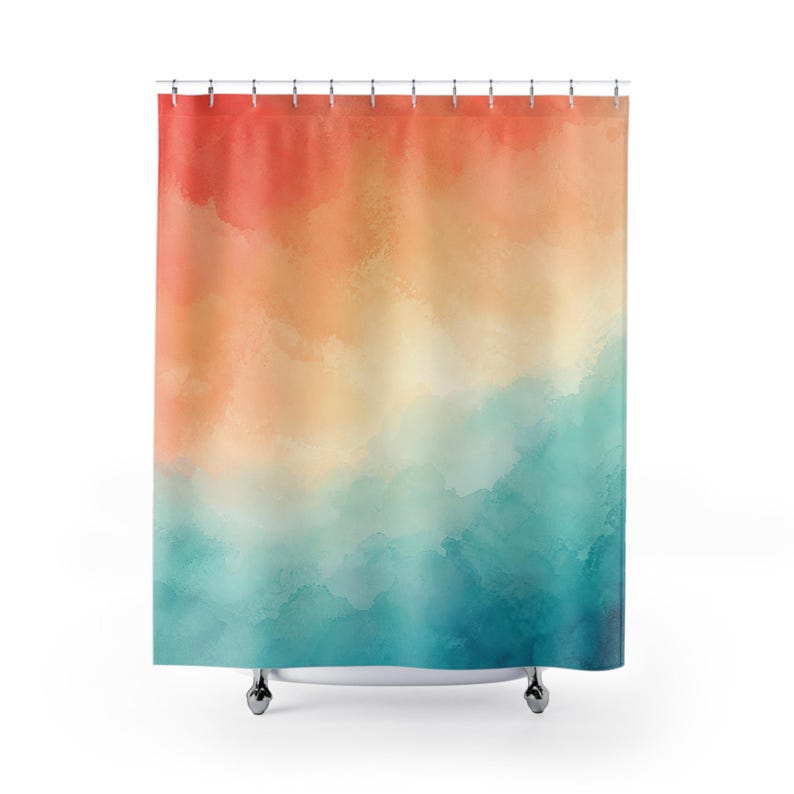 Rideau de douche dégradé coucher de soleil, décoration de bain aquarelle corail sarcelle, motif brume douce, décoration de salle de bain côtière sereine et chaude image 1