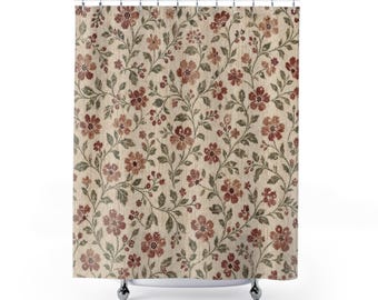 Cottagecore Shower Curtain, Red Floral Bath Decor, Vintage Farmhouse Vine Pattern, Country Guest Bathroom Decor, Cream Garden Style