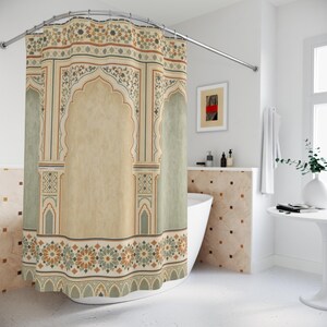 Moroccan Arch Shower Curtain, Sage Tile Bath Decor, Cream Architectural Panel Pattern, Ornate Guest Bathroom Warm Neutral Tile Decor image 4