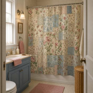 Vintage floral patchwork shower curtain in an attainable guest bathroom with a faded blue vanity