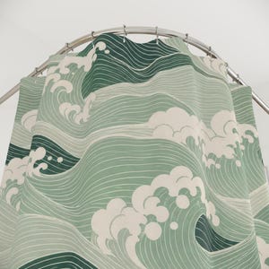 Green Wave Shower Curtain, Japanese Inspired Sage Seafoam Pattern, Coastal Bath Decor, Vintage Ocean Guest Bathroom Accent, Spa Style image 2