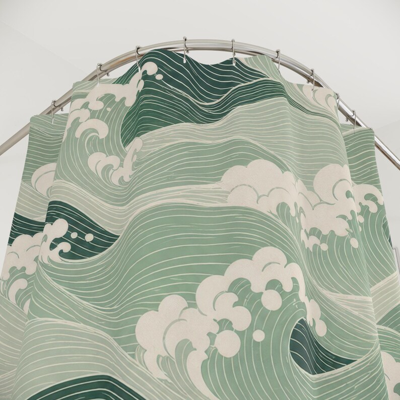 Green Wave Shower Curtain, Japanese Inspired Sage Seafoam Pattern, Coastal Bath Decor, Vintage Ocean Guest Bathroom Accent, Spa Style image 2