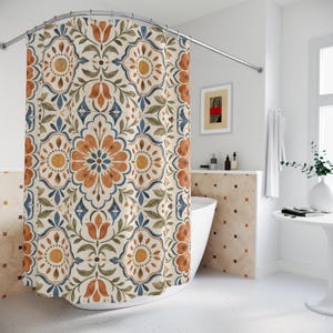 Cortina de ducha estilo boho con diseño de azulejos, decoración floral azul terracota para baño, cortina de baño con estampado cerámico vintage, baño de invitados, decoración de baño estilo boho imagen 4
