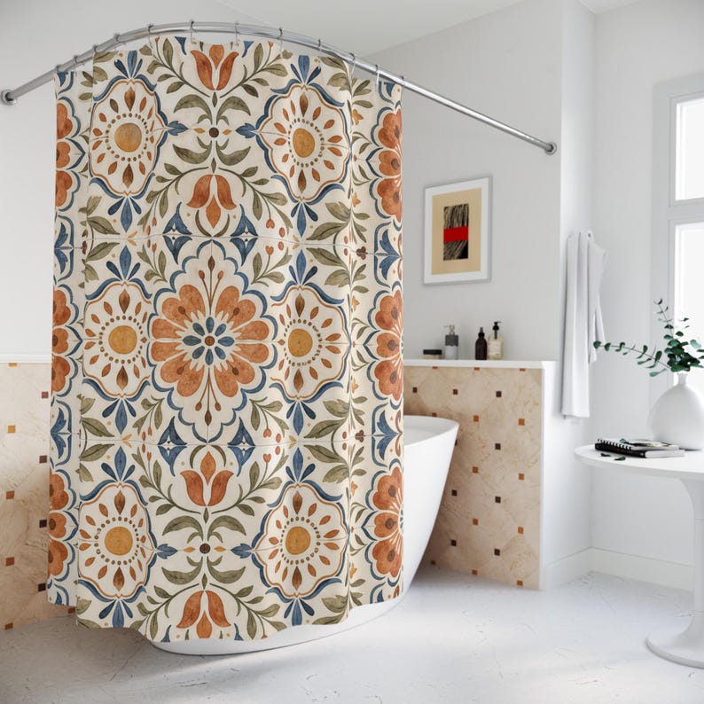 Cortina de ducha estilo boho con diseño de azulejos, decoración floral azul terracota para baño, cortina de baño con estampado cerámico vintage, baño de invitados, decoración de baño estilo boho imagen 4