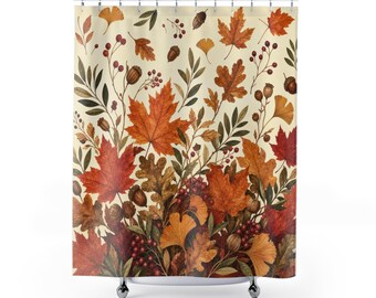 Cortina de ducha con estampado de hojas de otoño, diseño botánico de arce y roble otoñal, decoración de baño en tonos óxido, dorado y crema, arte acogedor para el baño de invitados estilo cabaña.
