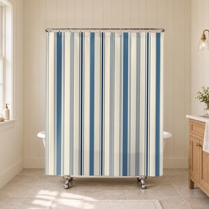 Blue Striped Shower Curtain, Muted Blue Panels with Mixed Navy Line Groups, Cream Background, Classic Vertical Pattern for a Coastal Bath
