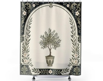 Cortina de ducha enmarcada, arco botánico de salvia negra, decoración de baño con olivo en maceta, arte elegante, moderno y tradicional para el baño de invitados.
