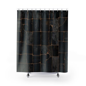 Black and Gold Shower Curtain, Patchwork Tile Abstract Pattern, Modern Black Bathroom Decor, Moody Guest Bath Statement Accent Style