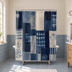 Navy Patchwork Shower Curtain, Indigo Block Print Bath Decor, Classic Blue White Geometric Pattern, Shibori Style Guest Bathroom Decor