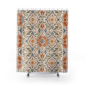 Boho Tile Shower Curtain, Terracotta Blue Floral Bathroom Decor, Vintage Ceramic Pattern Bath Curtain, Guest Bath, Bohemian Bathroom Decor