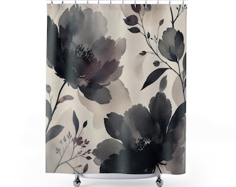 Floral Shower Curtain, Black Gray Watercolor Flower Pattern, Moody Botanical Bath Decor, Neutral Guest Bathroom Accent, Cream Taupe