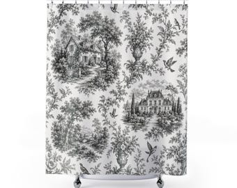 Black and White Toile Shower Curtain, French Country Bathroom Decor, Vintage Scenic Floral Bath Curtain, Cottage Farmhouse Bath Decor
