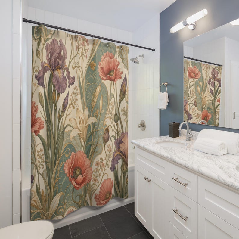 Art Nouveau Poppy Shower Curtain, Sage Coral Vintage Bathroom Decor, Iris Floral Bath Curtain, Guest Bathroom Decor, Small Bathroom Decor image 3
