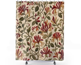 Honeysuckle Shower Curtain Arts and Crafts Red Floral on Cream Victorian Botanical Bathroom William Morris Inspired Vintage Decor