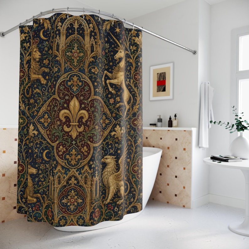 Medieval Shower Curtain, Gothic Heraldic Tapestry Bathroom Decor, Navy Gold Unicorn Lion Fleur de Lis Bath Curtain, Vintage Castle Gift image 2