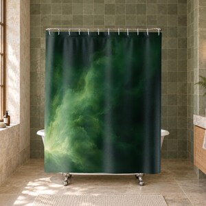Forest Green Abstract Shower Curtain, Luminous Cloud Art, Moss and Celadon Color Drift, Moody Contemporary Bathroom Decor, Soft Vapor