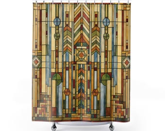 Cortina de ducha inspirada en Frank Lloyd Wright, decoración de baño Art Déco con vidrieras, cortina de baño geométrica estilo pradera, regalo arquitectónico