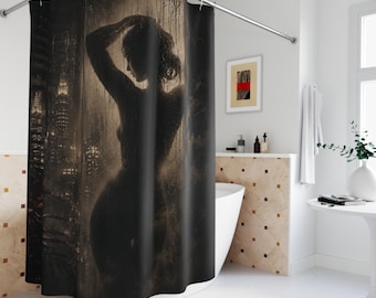 Noir Shower Curtain, Black Silhouette Shower Art, Sexy Dark Bathroom Decor, Moody Gothic Bath Curtain, Dark Academia Guest Bath