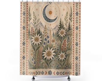 Boho Moon Shower Curtain, Framed Wildflower Bathroom Decor, Celestial Daisy Bath Curtain, Terracotta Guest Bath, Bohemian Bathroom Decor