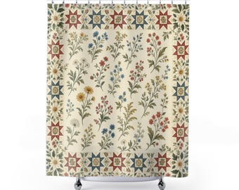Vintage Floral Shower Curtain, Patchwork Quilt Border Pattern, Country Farmhouse Bathroom Decor, Cottage Guest Bath Patchwork Style Art
