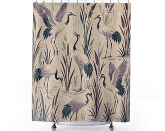 Crane Shower Curtain, Lavender Block Print Birds and Reeds, Plum Purple Japanese Inspired Bathroom Decor, Serene Modern Guest Bath