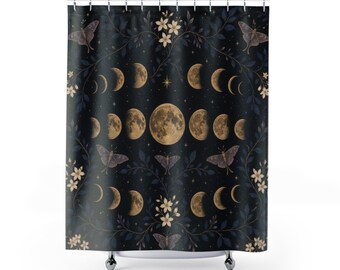 Cortina de ducha con fases lunares, ciclo lunar botánico con polillas, decoración de baño en carbón, oro e índigo, arte celestial para el baño de invitados.