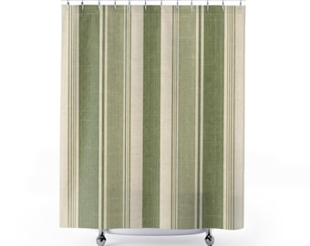 Striped Shower Curtain, Sage Olive Cream Vertical Stripe Pattern, Farmhouse Green Bath Decor, Guest Bathroom, Textured Neutral Stripe