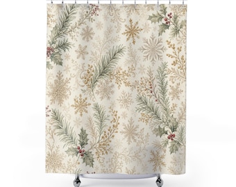 Christmas Shower Curtain, Soft Pine Snowflake Pattern, Winter Botanical Bath Decor, Neutral Guest Bathroom, Red Berry Greenery, Cream