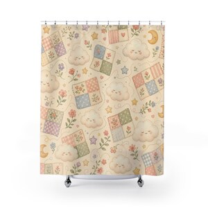 Cloud Shower Curtain, Smiling Clouds Stars and Moons with Pastel Patchwork Squares, Whimsical Cream Pattern