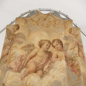 Cherub Shower Curtain, Renaissance Putti Angel Art, Cream Blush Heavenly Cloud Decor, Classical Bathroom Accent, Vintage Soft Bath Art image 2
