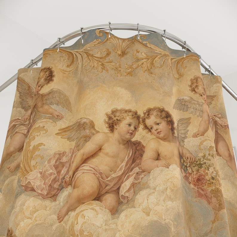 Cherub Shower Curtain, Renaissance Putti Angel Art, Cream Blush Heavenly Cloud Decor, Classical Bathroom Accent, Vintage Soft Bath Art image 2