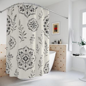 Farmhouse Shower Curtain, Black White Botanical Medallion Pattern, Vintage Country Bathroom Decor, Classic Guest Bath Style image 4