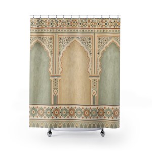 Moroccan Arch Shower Curtain, Sage Tile Bath Decor, Cream Architectural Panel Pattern, Ornate Guest Bathroom Warm Neutral Tile Decor image 1