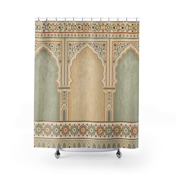Moroccan Arch Shower Curtain, Sage Tile Bath Decor, Cream Architectural Panel Pattern, Ornate Guest Bathroom Warm Neutral Tile Decor