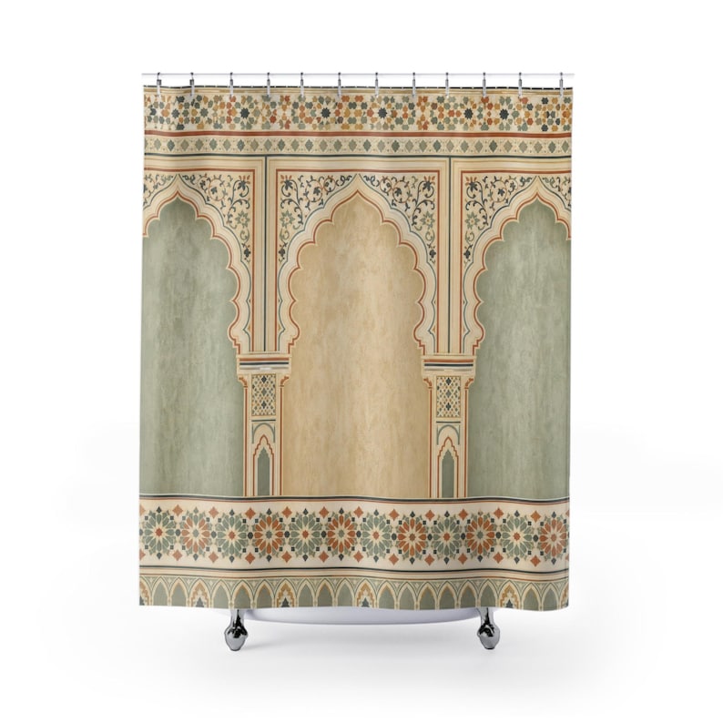 Moroccan Arch Shower Curtain, Sage Tile Bath Decor, Cream Architectural Panel Pattern, Ornate Guest Bathroom Warm Neutral Tile Decor image 1