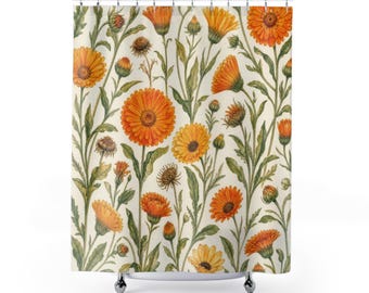 Marigold Shower Curtain, Golden Calendula Orange Yellow Botanical Floral Pattern, Green Garden Bathroom Decor, Cottage Guest Bath Style