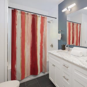 Painterly Red Band Shower Curtain, Red Blush Classic Bathroom Decor, Watercolor Stripe Bath Curtain, Guest Bath Decor, Small Bathroom Decor image 3